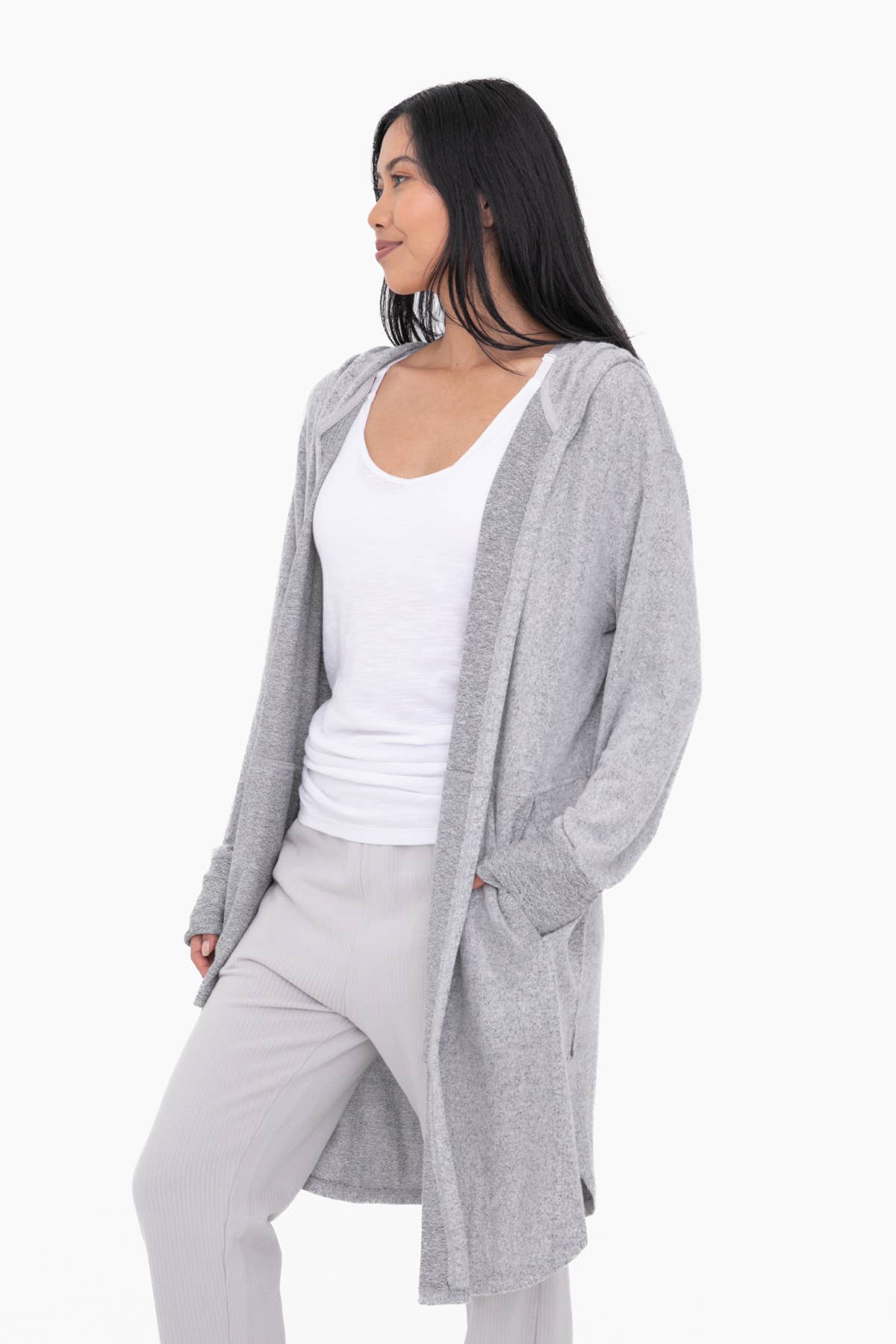 Mono B Open Front Hooded Cardigan with Pockets