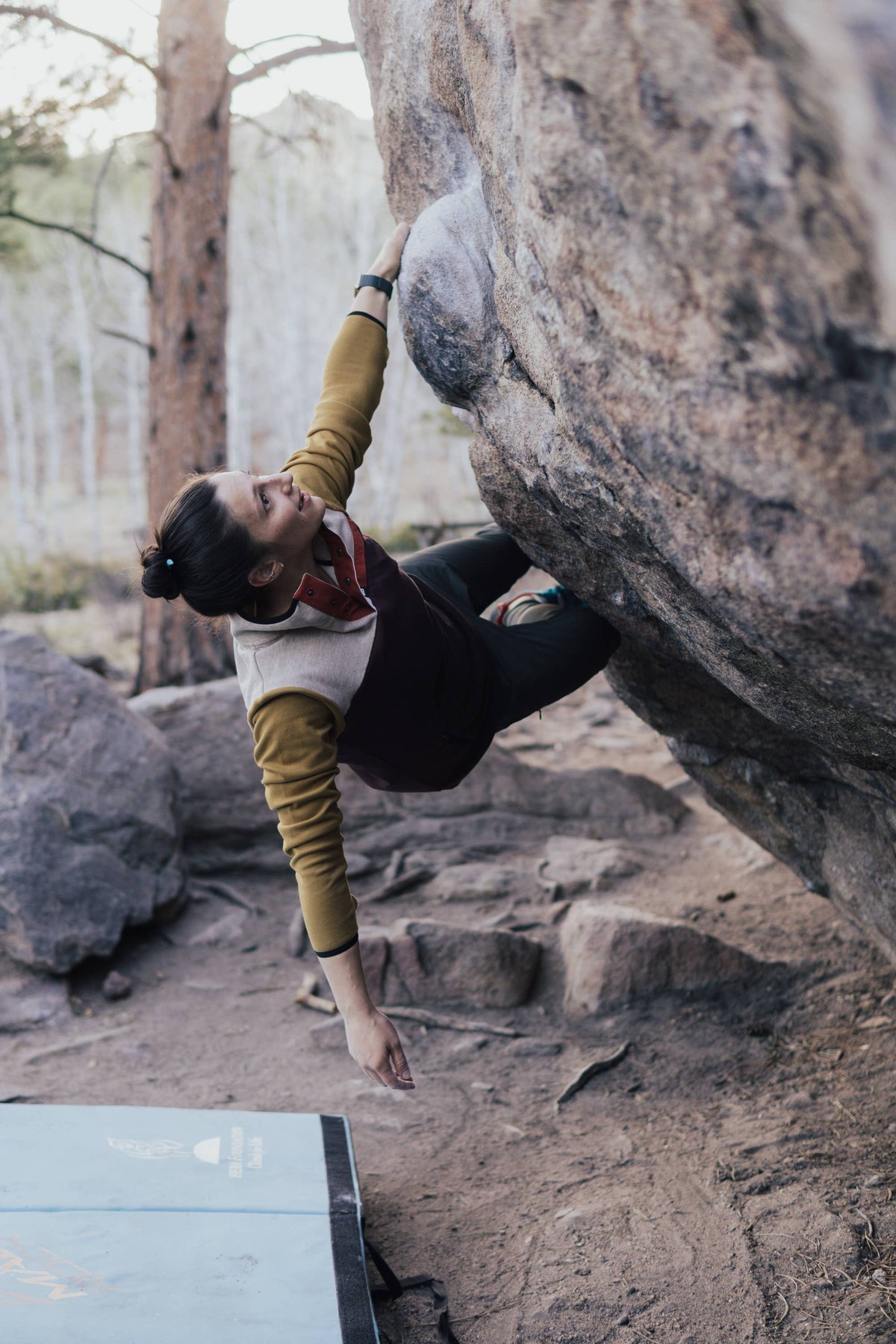 Person rock climbing on a large boulder in a forest setting