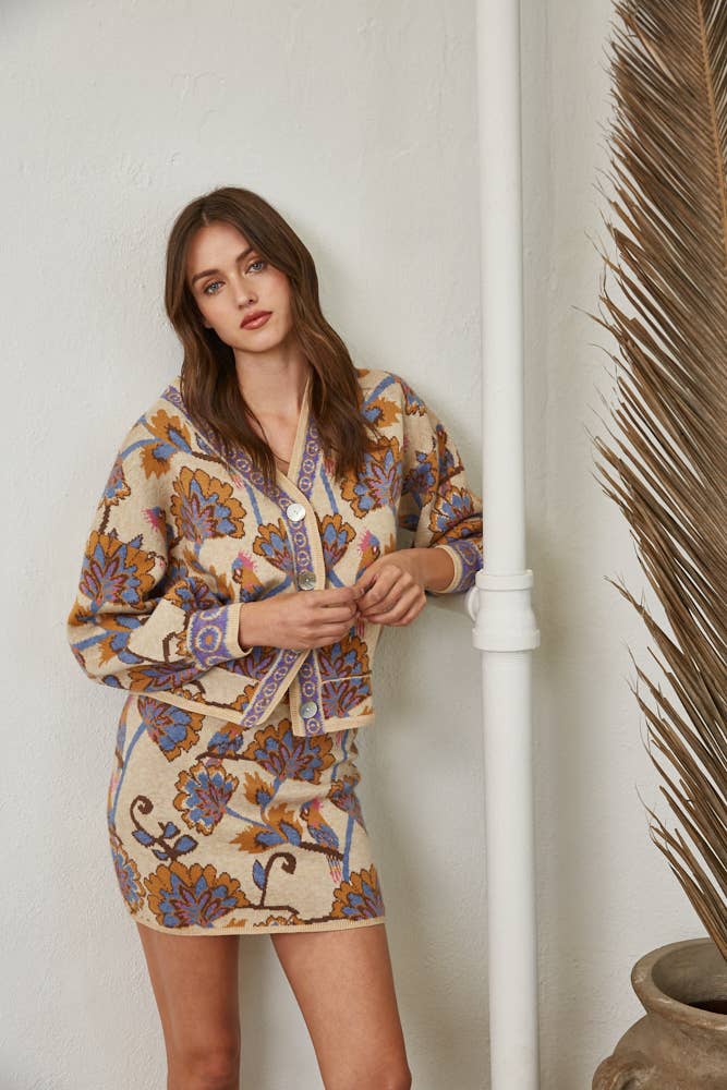 Jacquard Knit V-Neck Cardigan