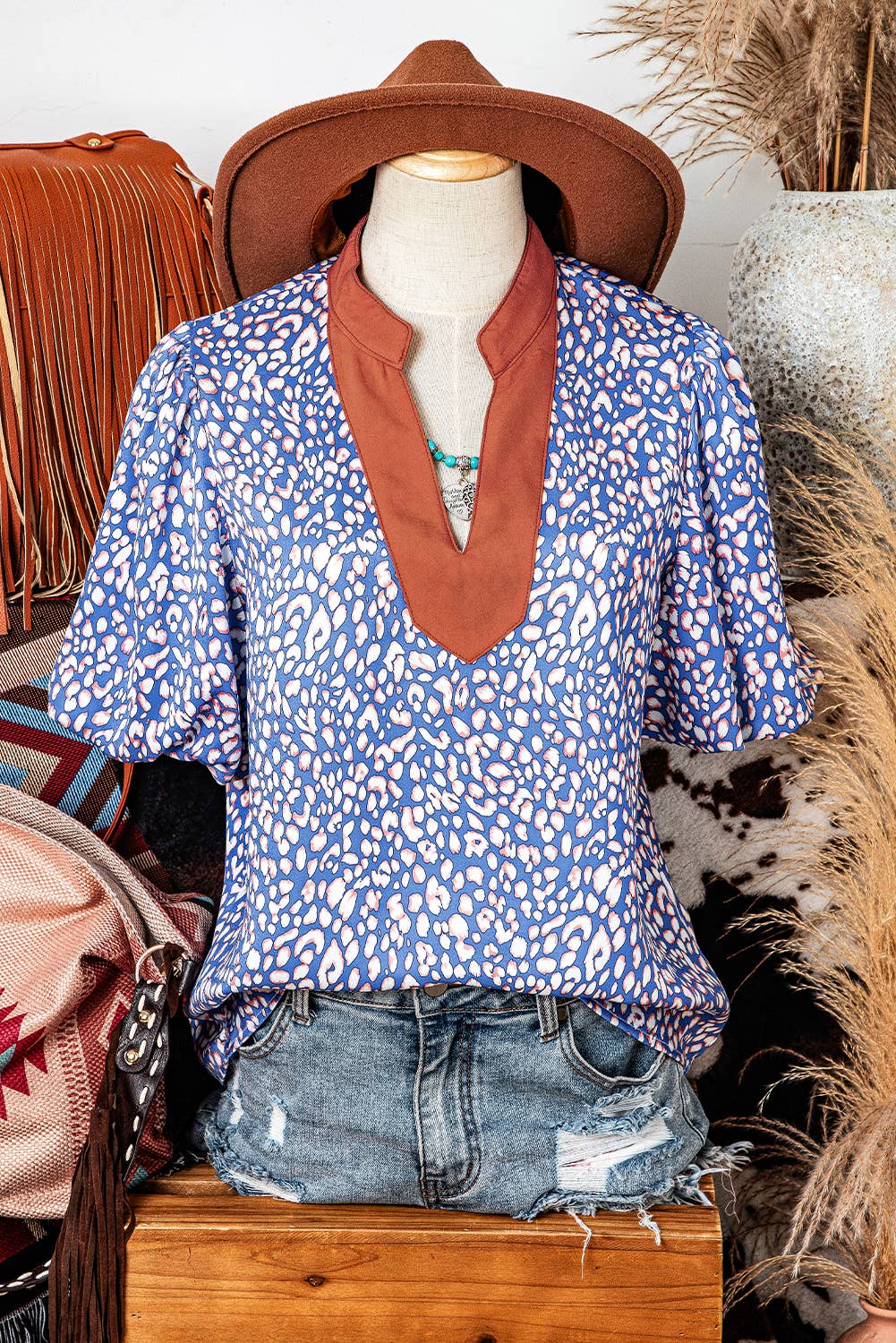 Mae Leopard Print Spot Contrast Half Puff Sleeve Shirt