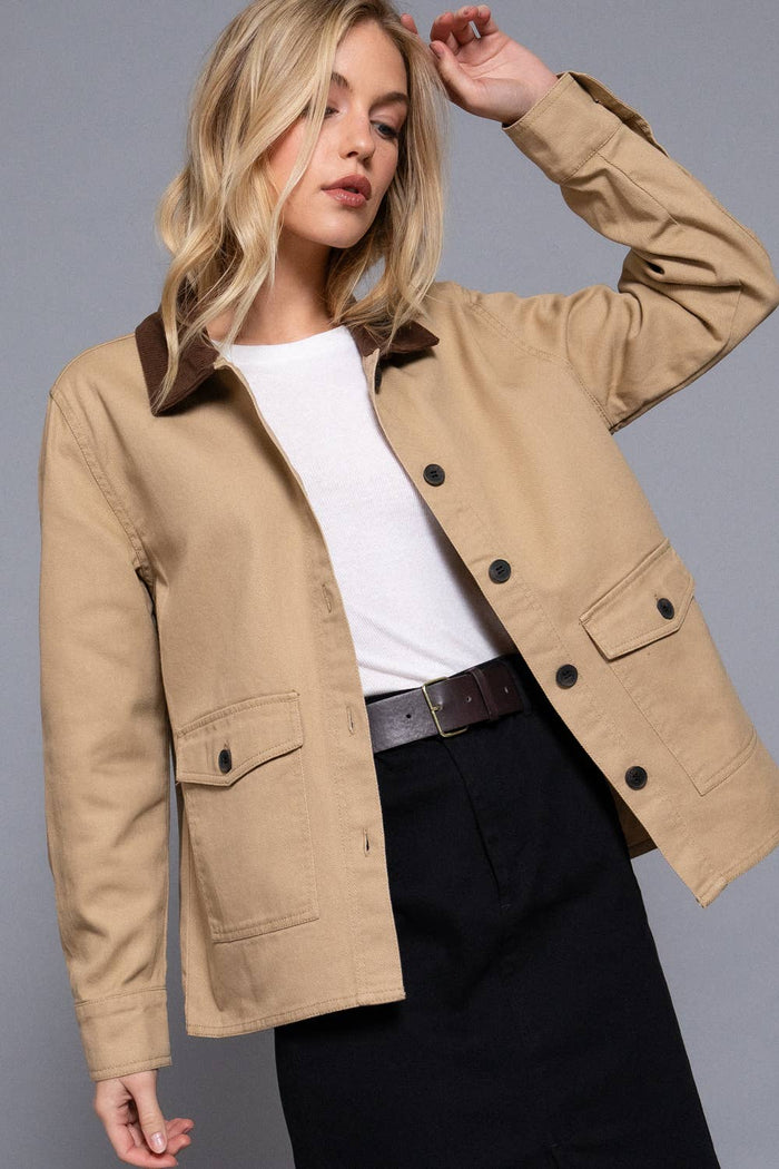 Long Sleeve Corduroy Collar Cotton Twill Work Jacket