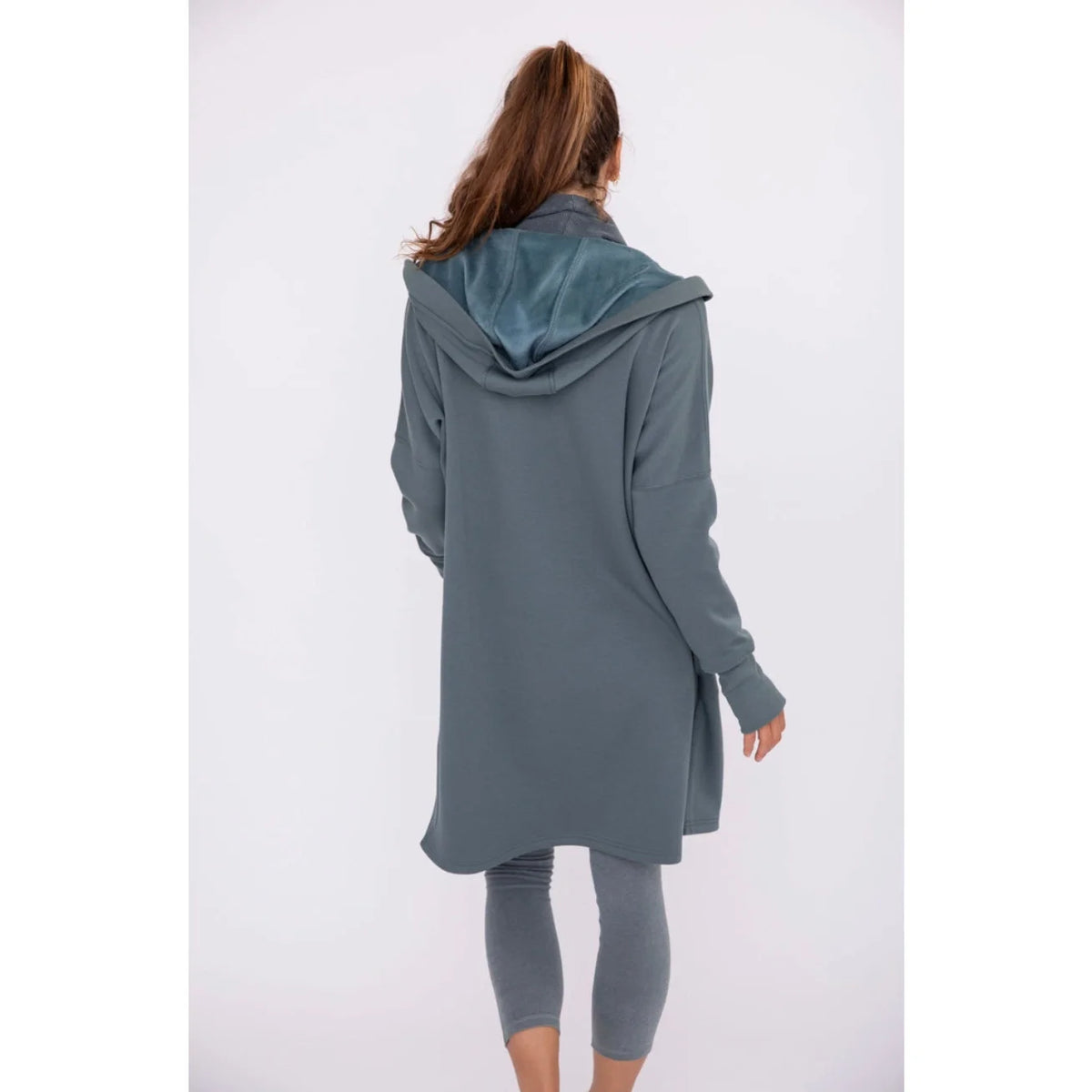 Longline Hooded Fleece Lined Cardigan - Blue Green