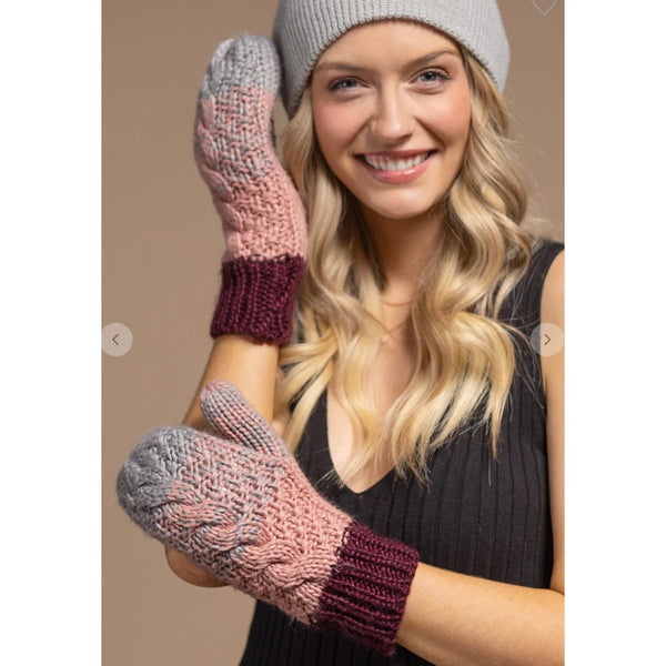 Cable Knit Mittens - Mauve / Grey